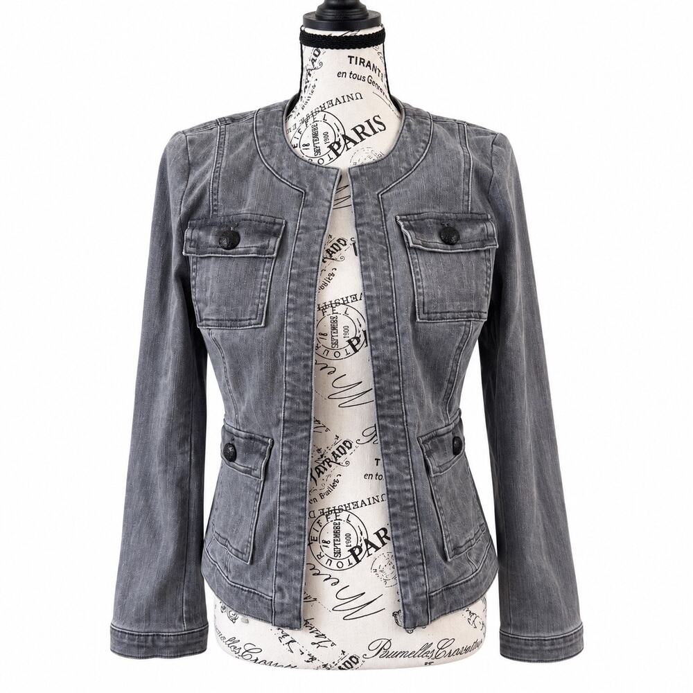 White House Black Market Gray Denim Jacket Women Size 4 Fitted Moto Style
